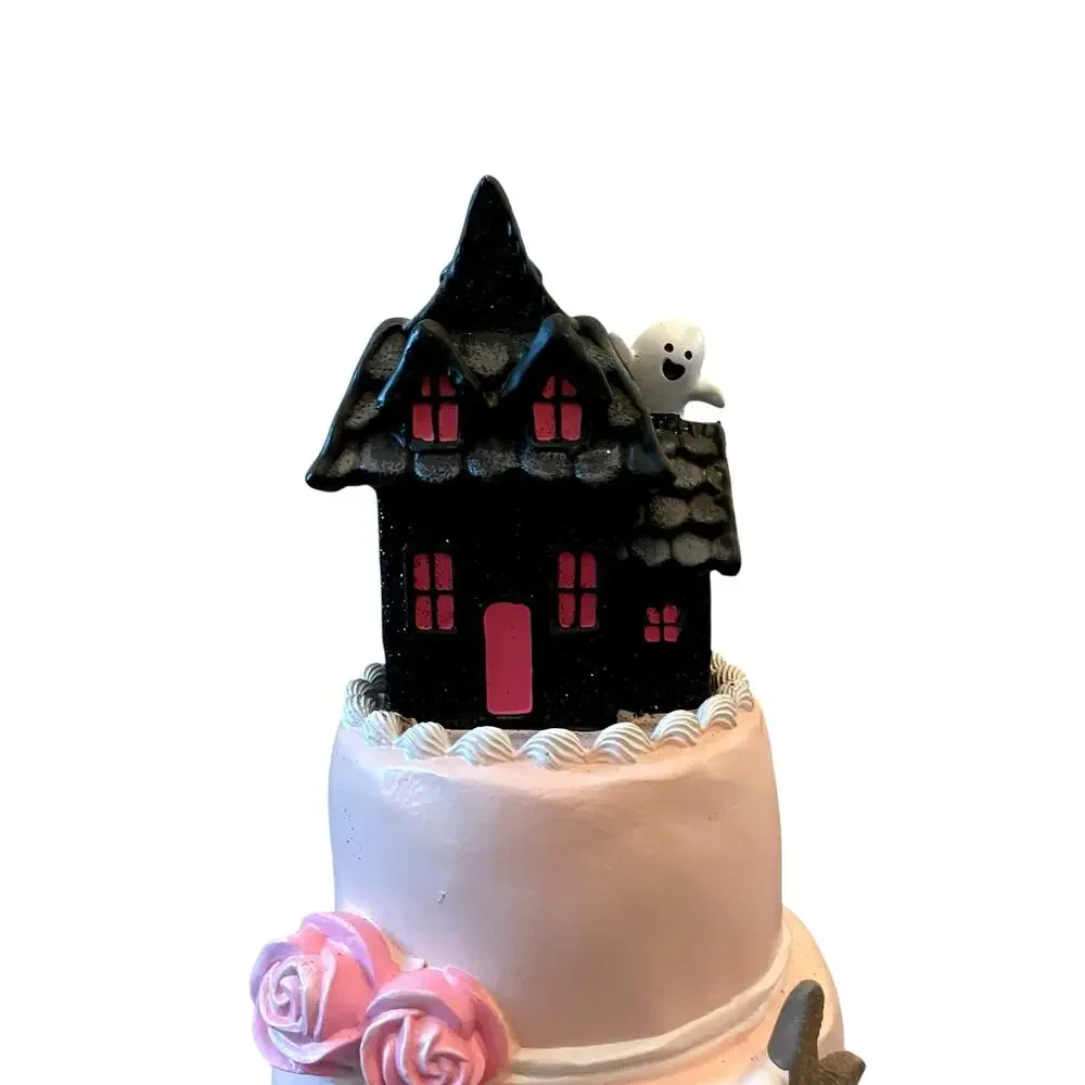 Viral Pink & Black Halloween Haunted House Faux Cake 22in Glitter Ghosts NEW